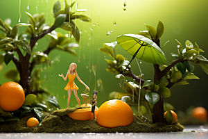 柑橘采摘水果微距小人