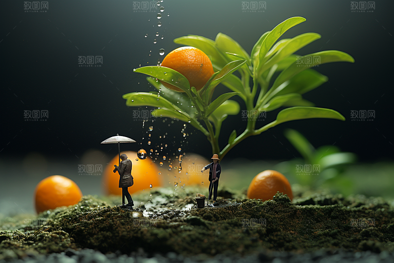 柑橘收获橘子微距小人
