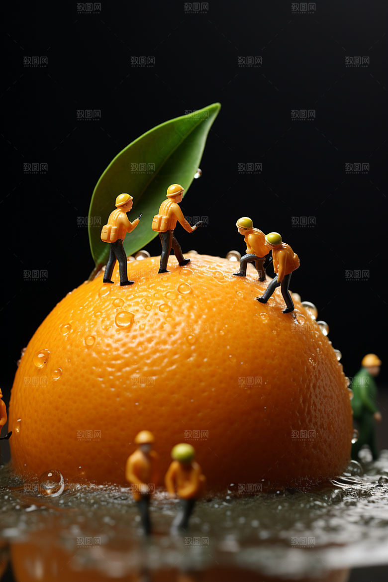 柑橘3D脐橙微距小人
