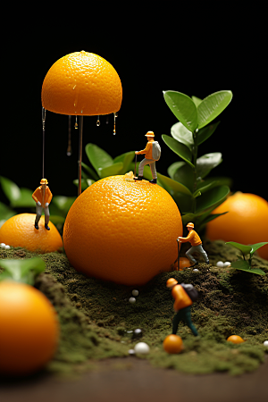 柑橘收获水果微距小人