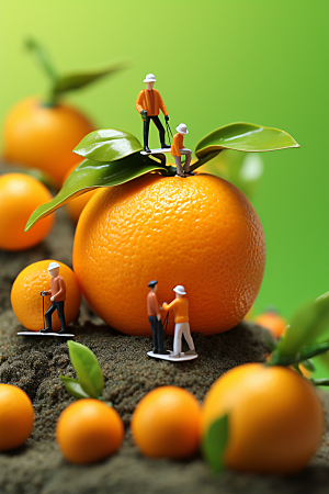 柑橘收获水果微距小人