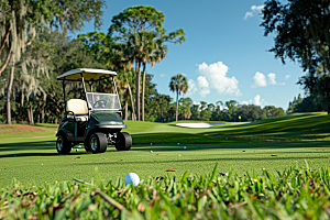 高尔夫球车高清绿草地摄影图