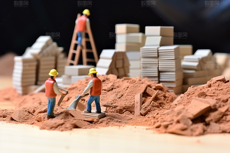 建筑施工微距小人建造创意摄影图