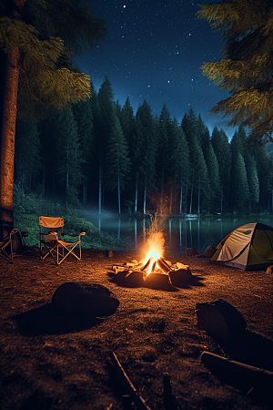 露营篝火野外过夜摄影图