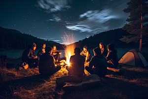 露营篝火取暖户外摄影图