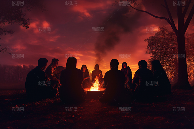 露营篝火山林取暖摄影图