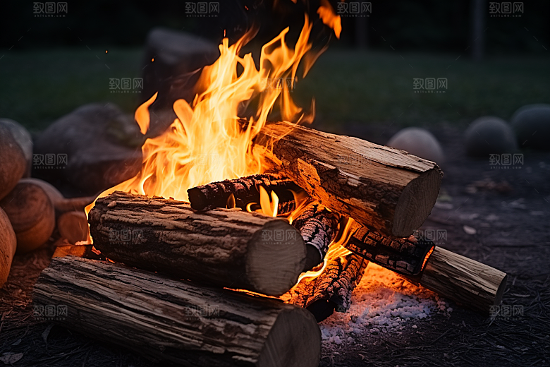 露营篝火山林徒步摄影图