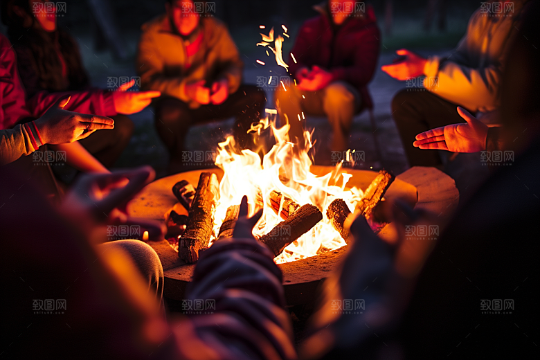 露营篝火山林聚会摄影图
