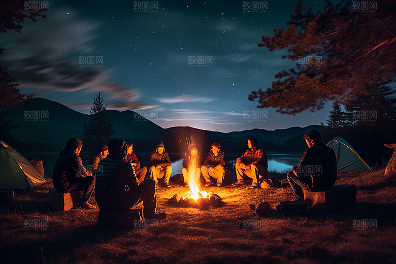 露营篝火野外过夜摄影图