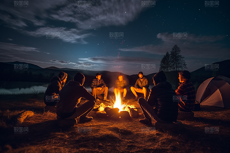 露营篝火高清野外摄影图