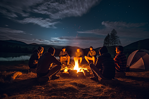 露营篝火取暖聚会摄影图