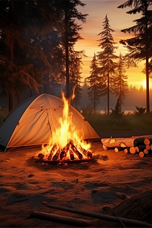 露营篝火过夜山林摄影图