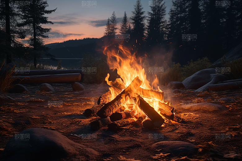 露营篝火山林过夜摄影图