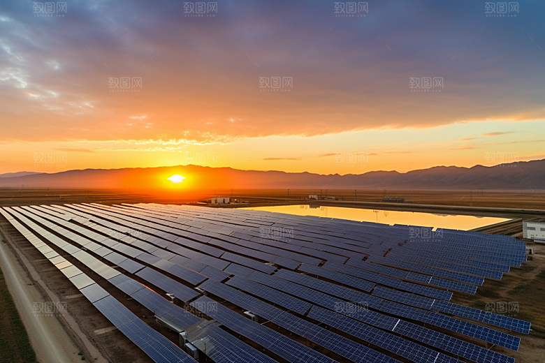 光伏太阳能板发电站太阳能发电摄影图