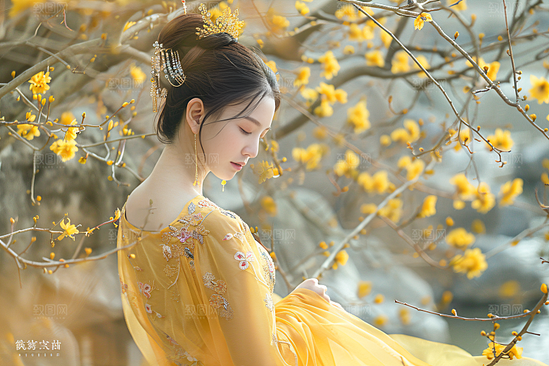 花卉汉服人物古风园林摄影图