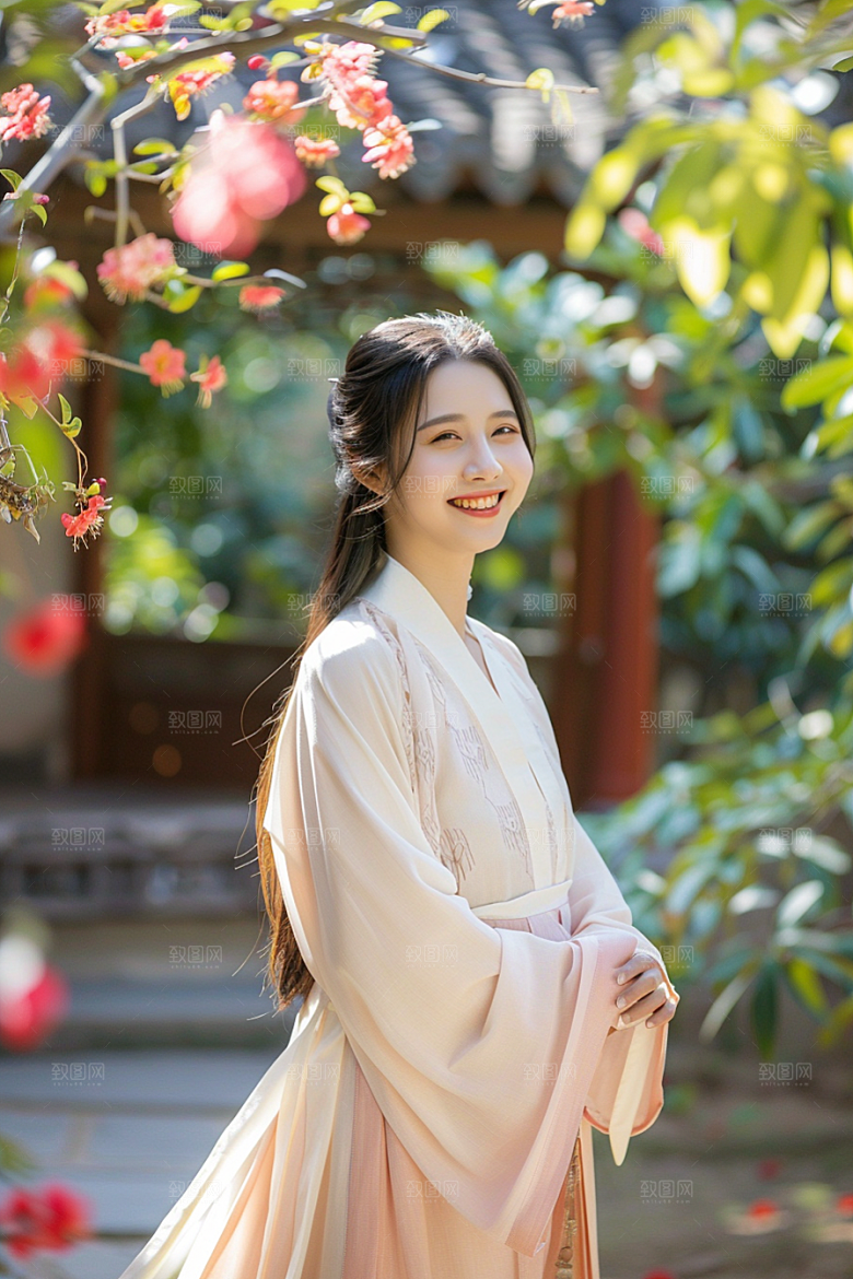 花卉汉服人物唯美花丛摄影图