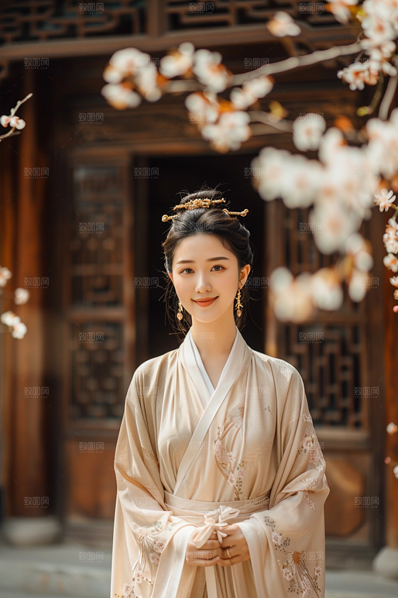 花卉汉服人物美景人像摄影图