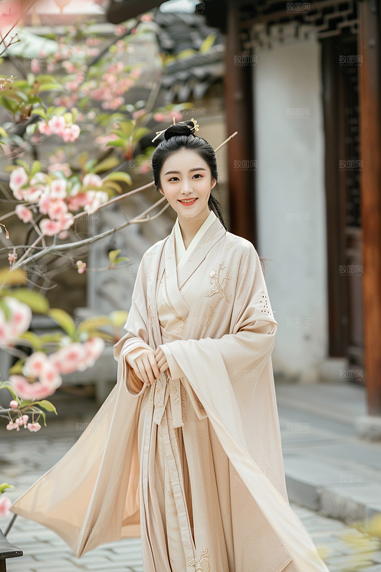 花卉汉服人物美女园林摄影图
