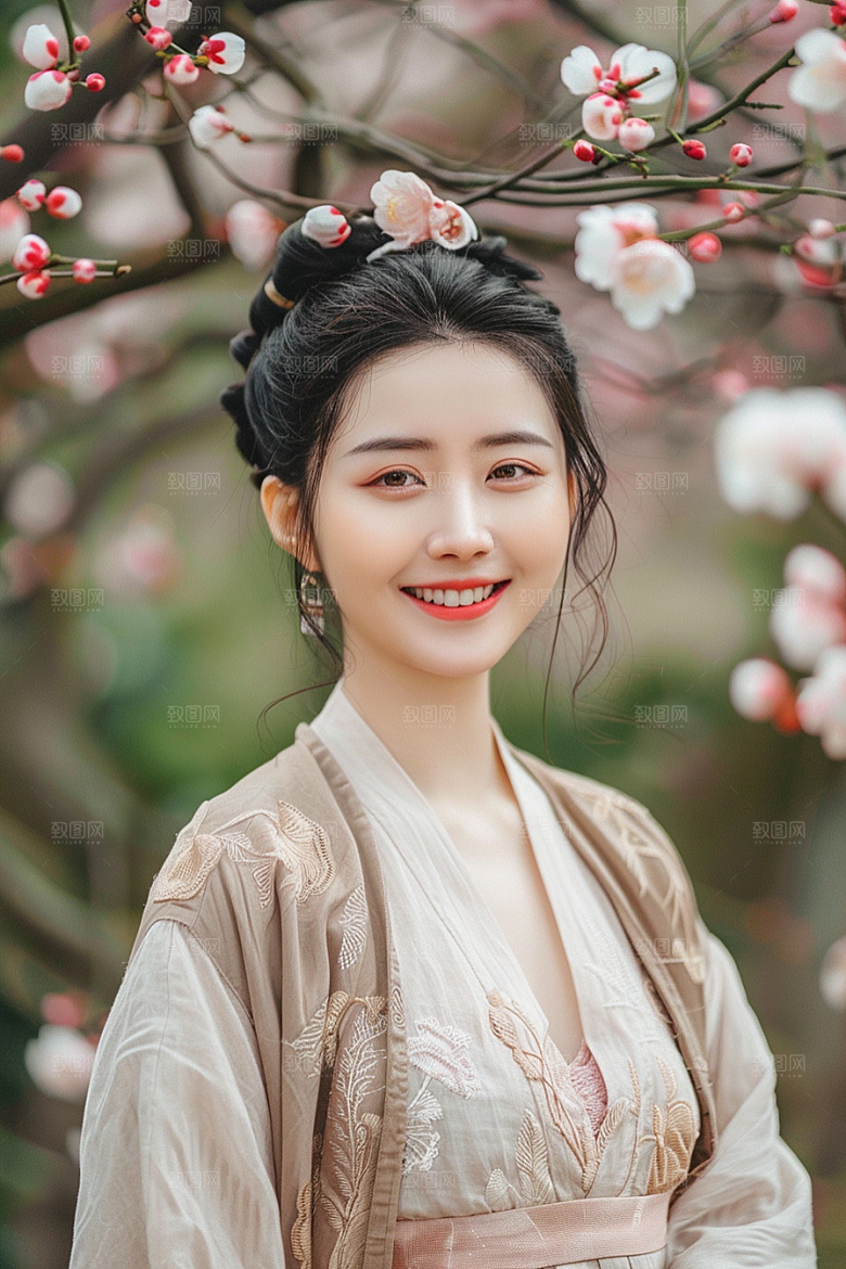 花卉汉服人物唯美园林摄影图