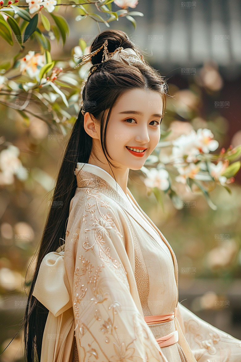 花卉汉服人物园林古风摄影图