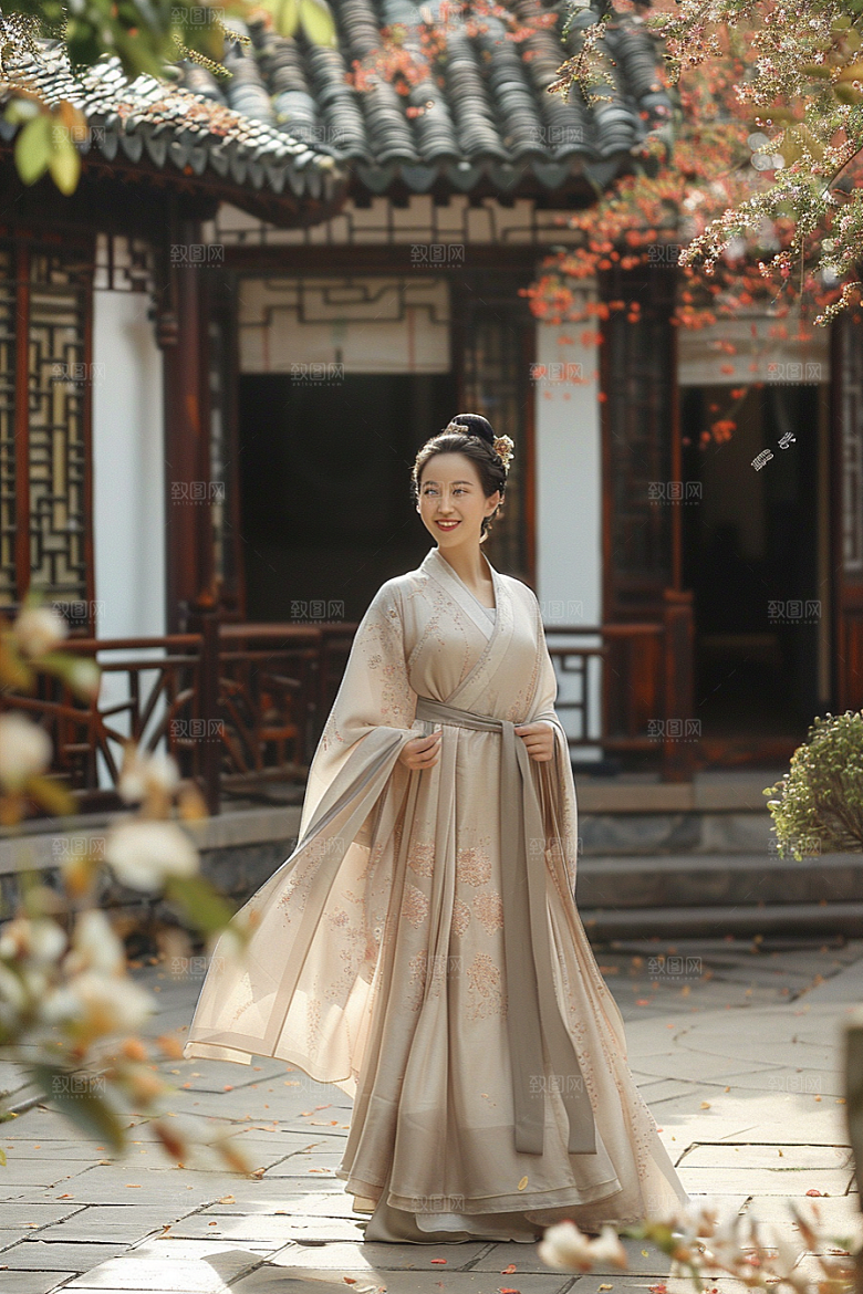 花卉汉服人物园林唯美摄影图
