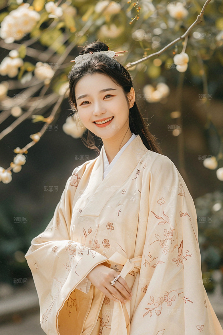 花卉汉服人物美女美景摄影图
