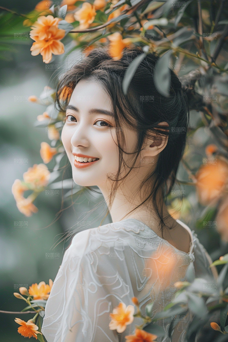 花卉汉服人物人像美景摄影图
