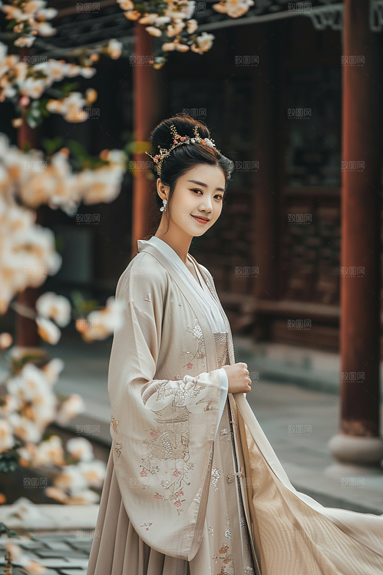 花卉汉服人物园林中国风摄影图