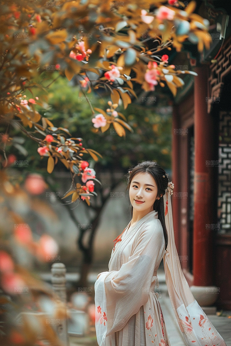 花卉汉服人物花丛美女摄影图