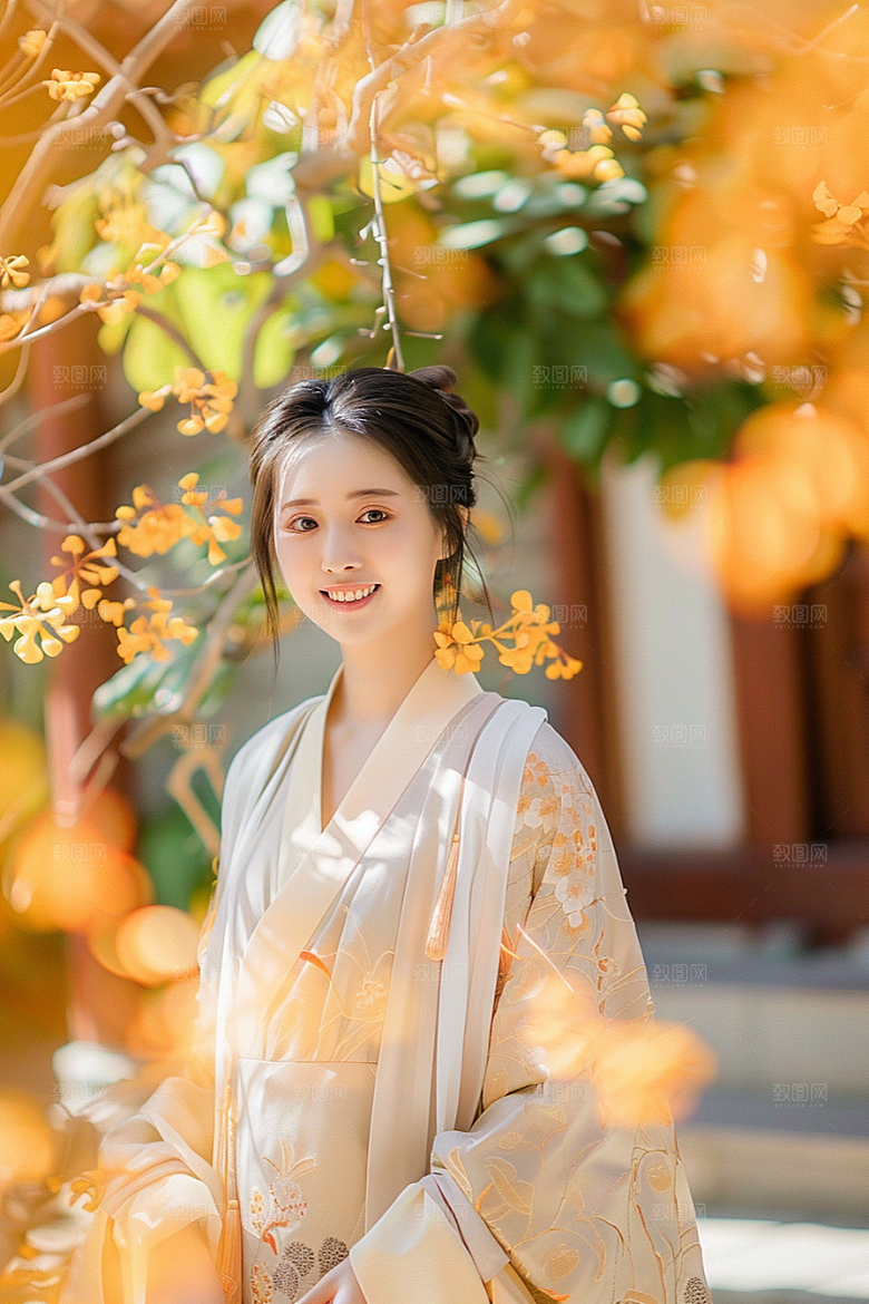 花卉汉服人物高清园林摄影图