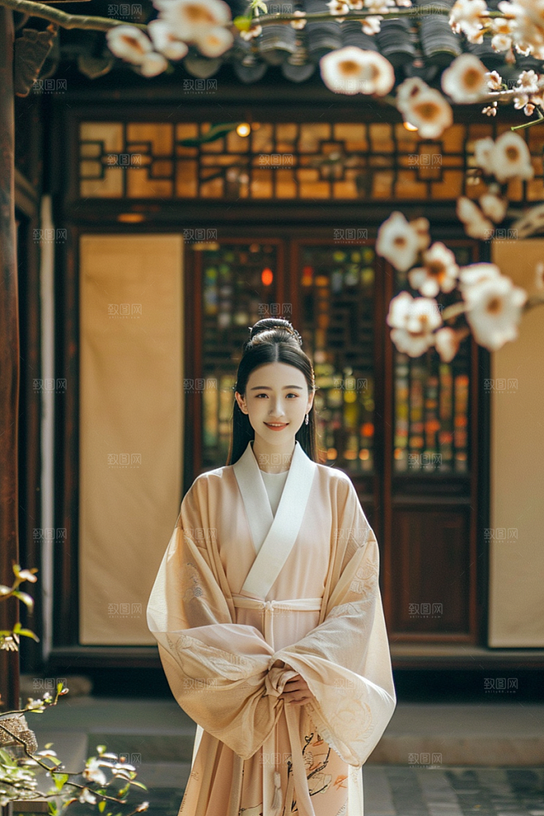 花卉汉服人物美女花丛摄影图