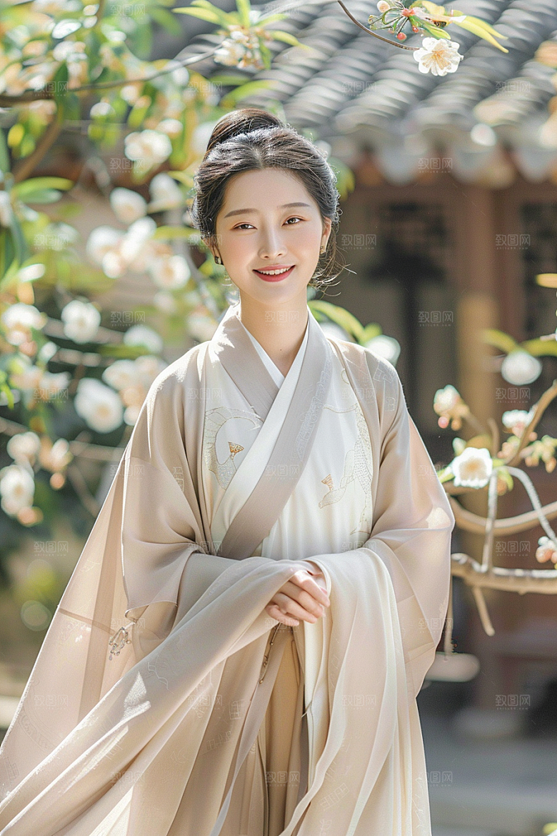 花卉汉服人物花丛写真摄影图