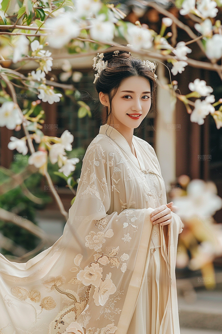花卉汉服人物美女园林摄影图
