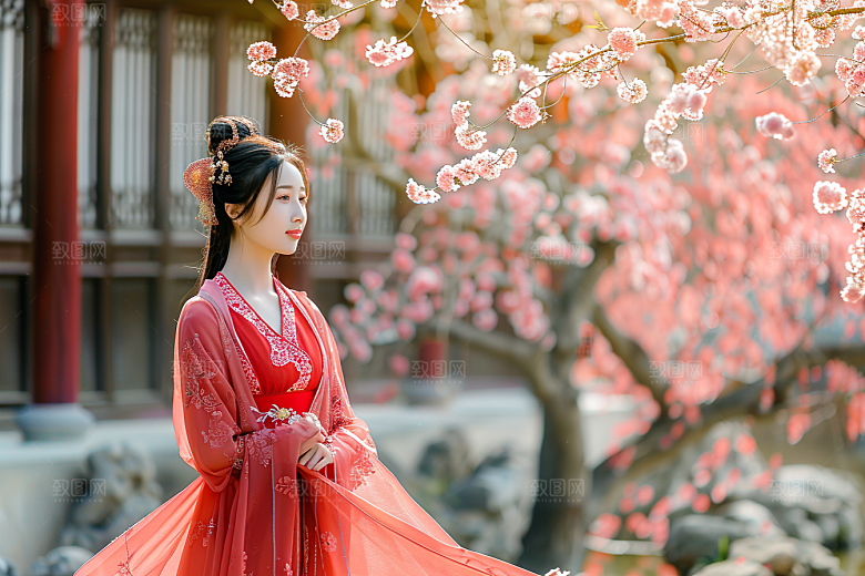 花卉汉服人物高清园林摄影图