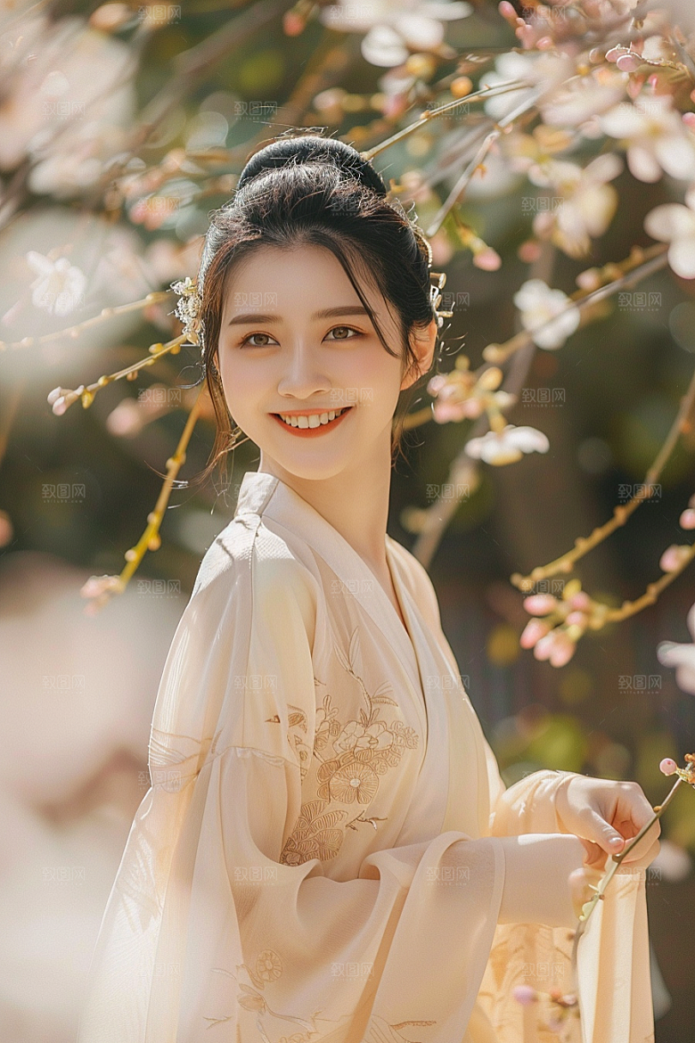 花卉汉服人物园林浪漫摄影图