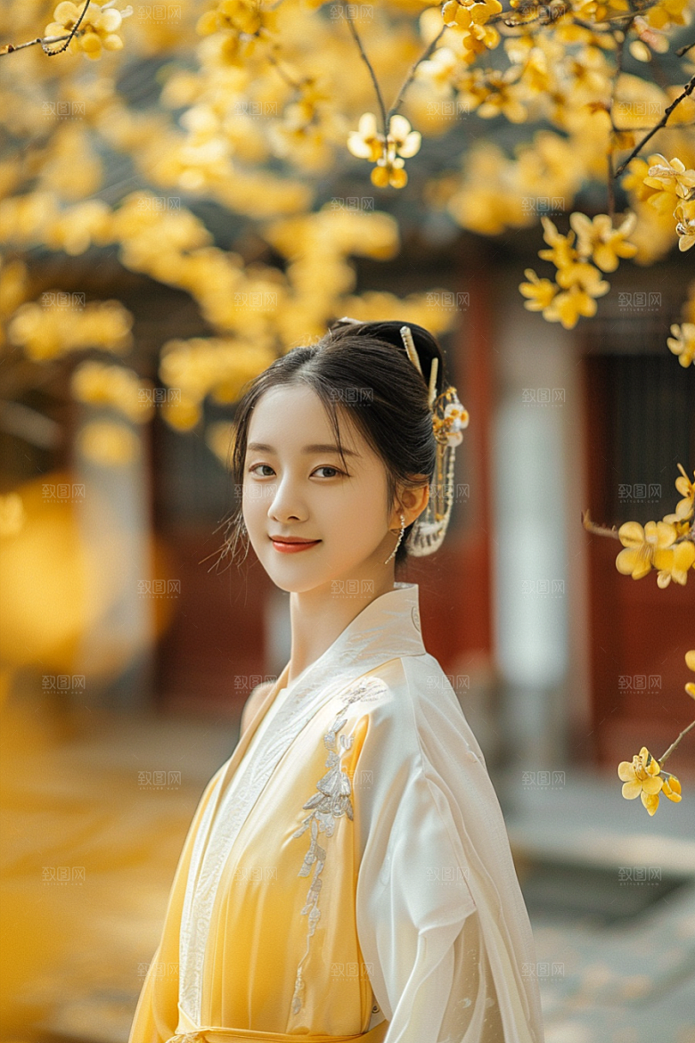 花卉汉服人物花丛高清摄影图