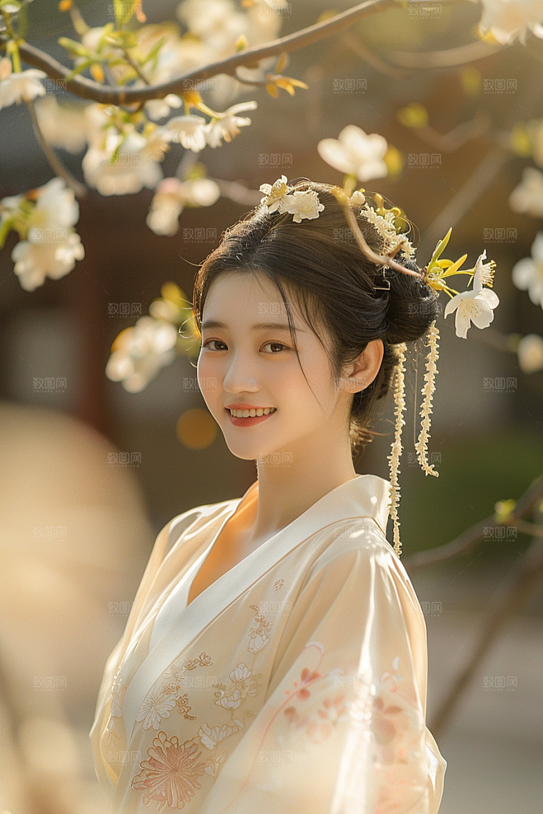 花卉汉服人物美景人像摄影图