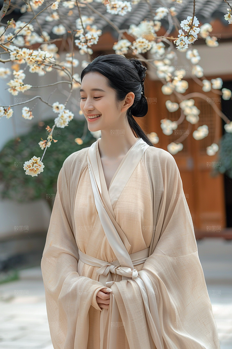 花卉汉服人物中式美景摄影图