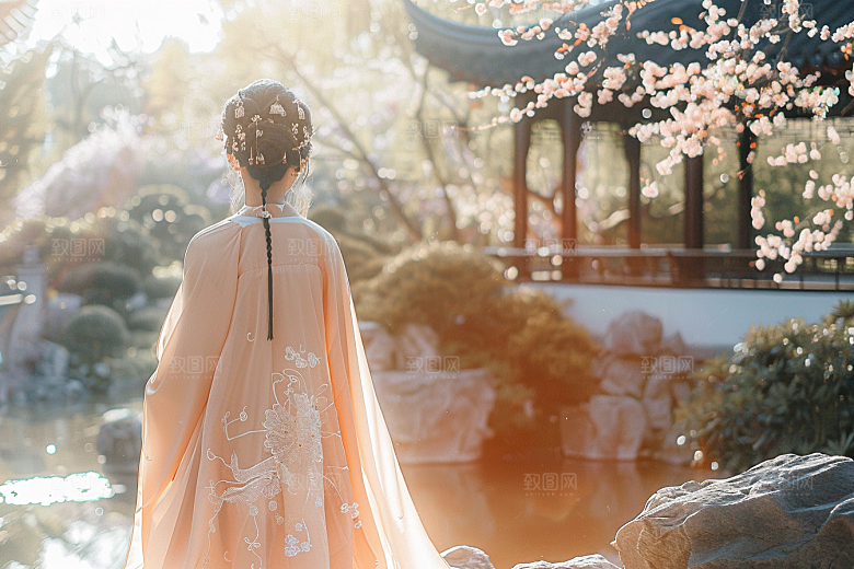 花卉汉服人物花丛美景摄影图