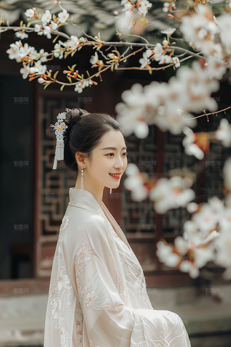 花卉汉服人物美女美景摄影图