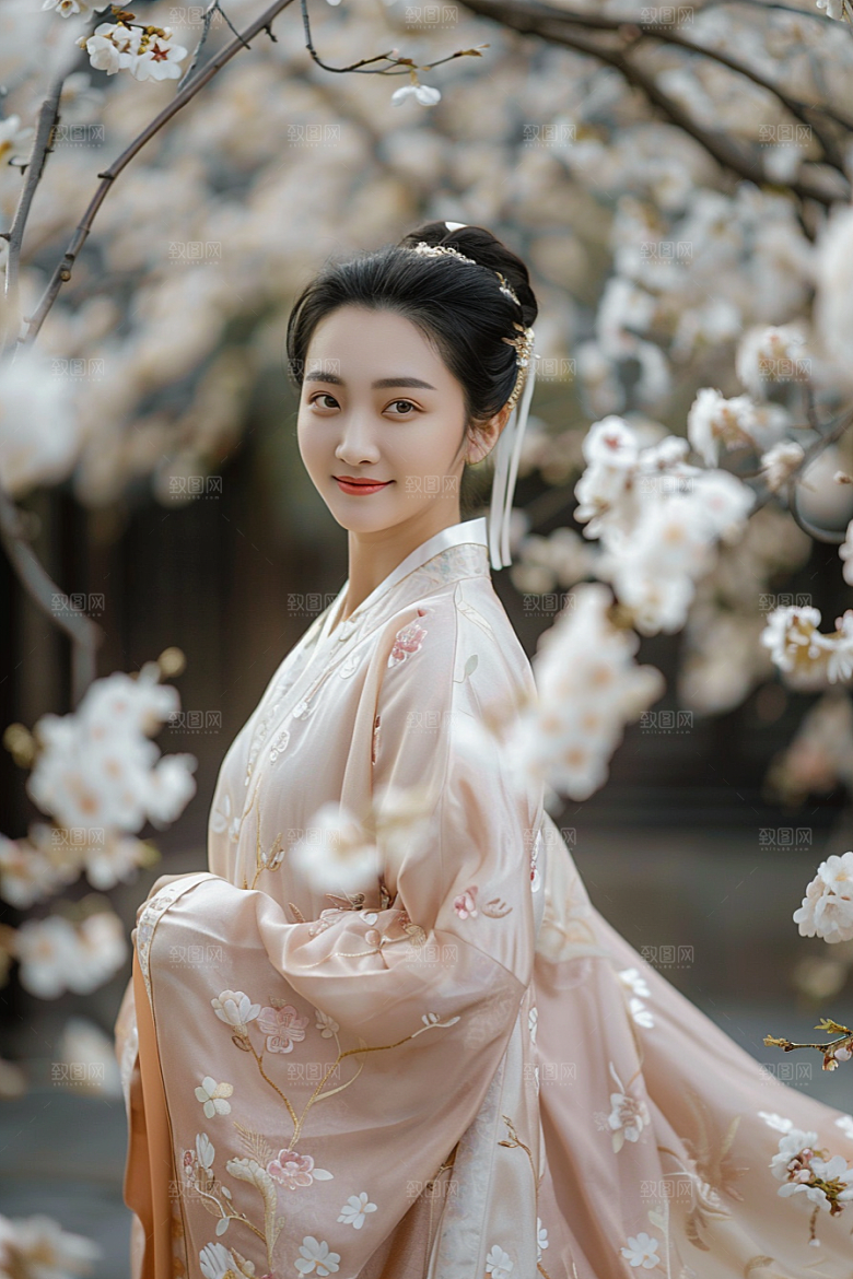 花卉汉服人物美景中式摄影图