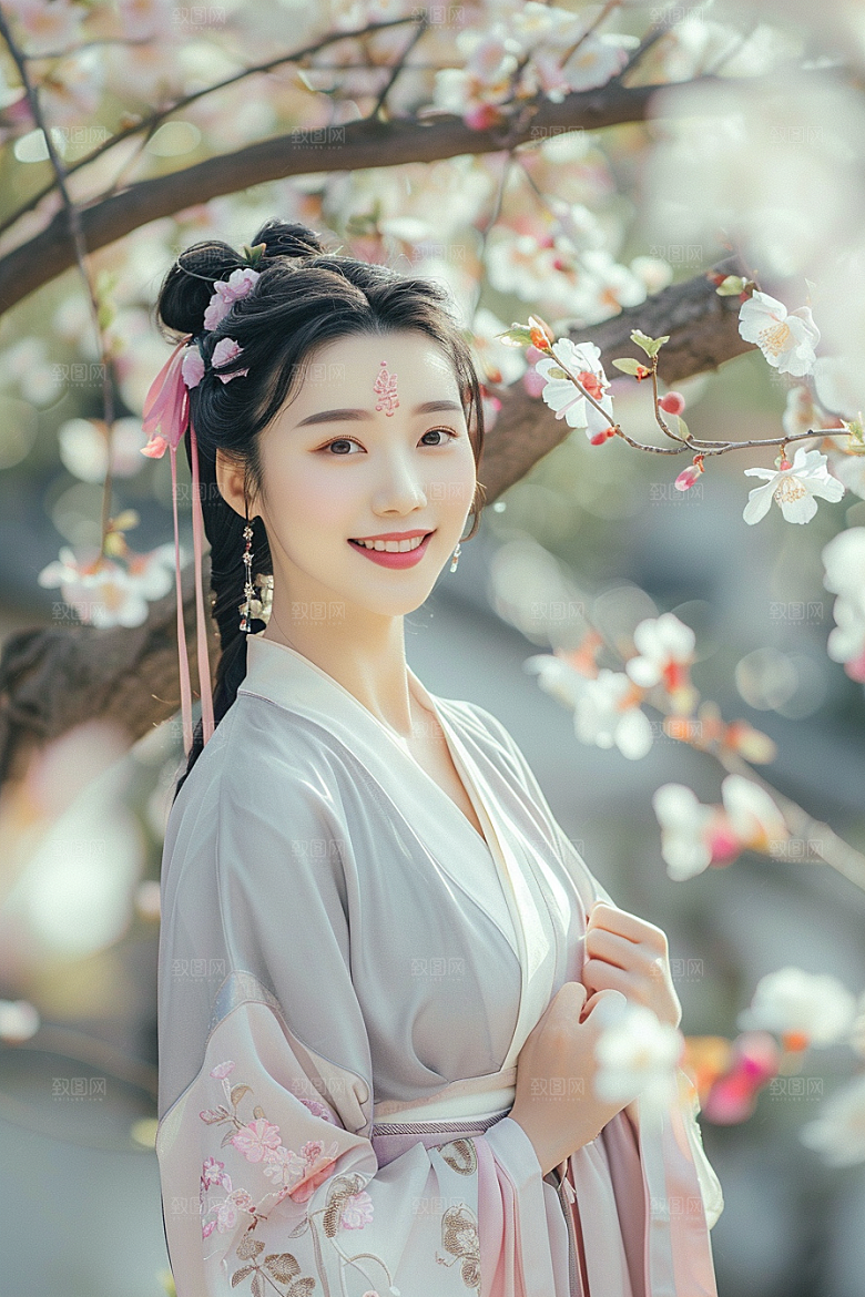 花卉汉服人物中式花丛摄影图