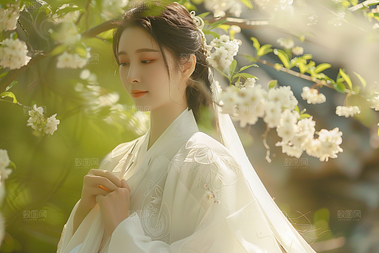 花卉汉服人物唯美园林摄影图