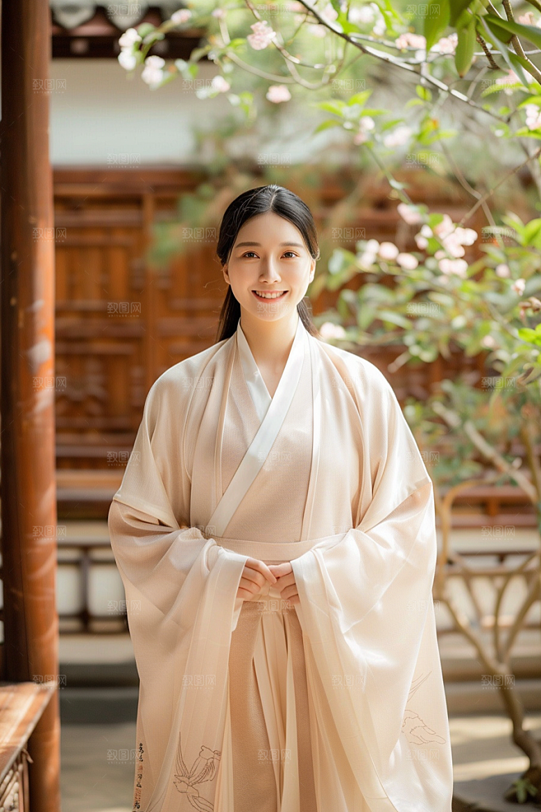 花卉汉服人物园林唯美摄影图