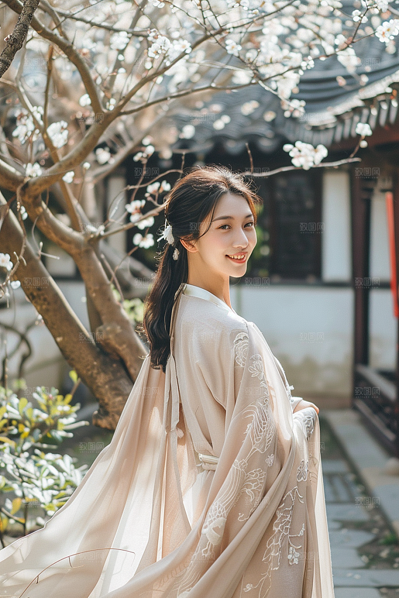 花卉汉服人物美女花丛摄影图