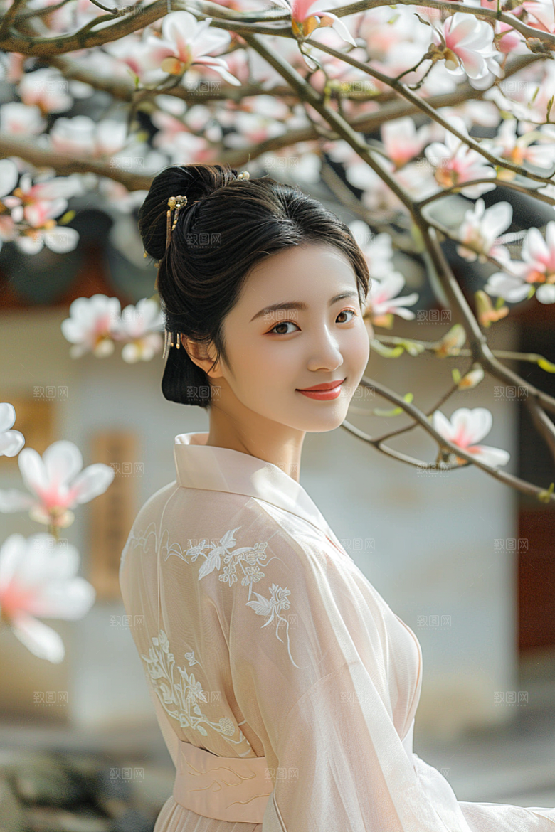 花卉汉服人物园林浪漫摄影图