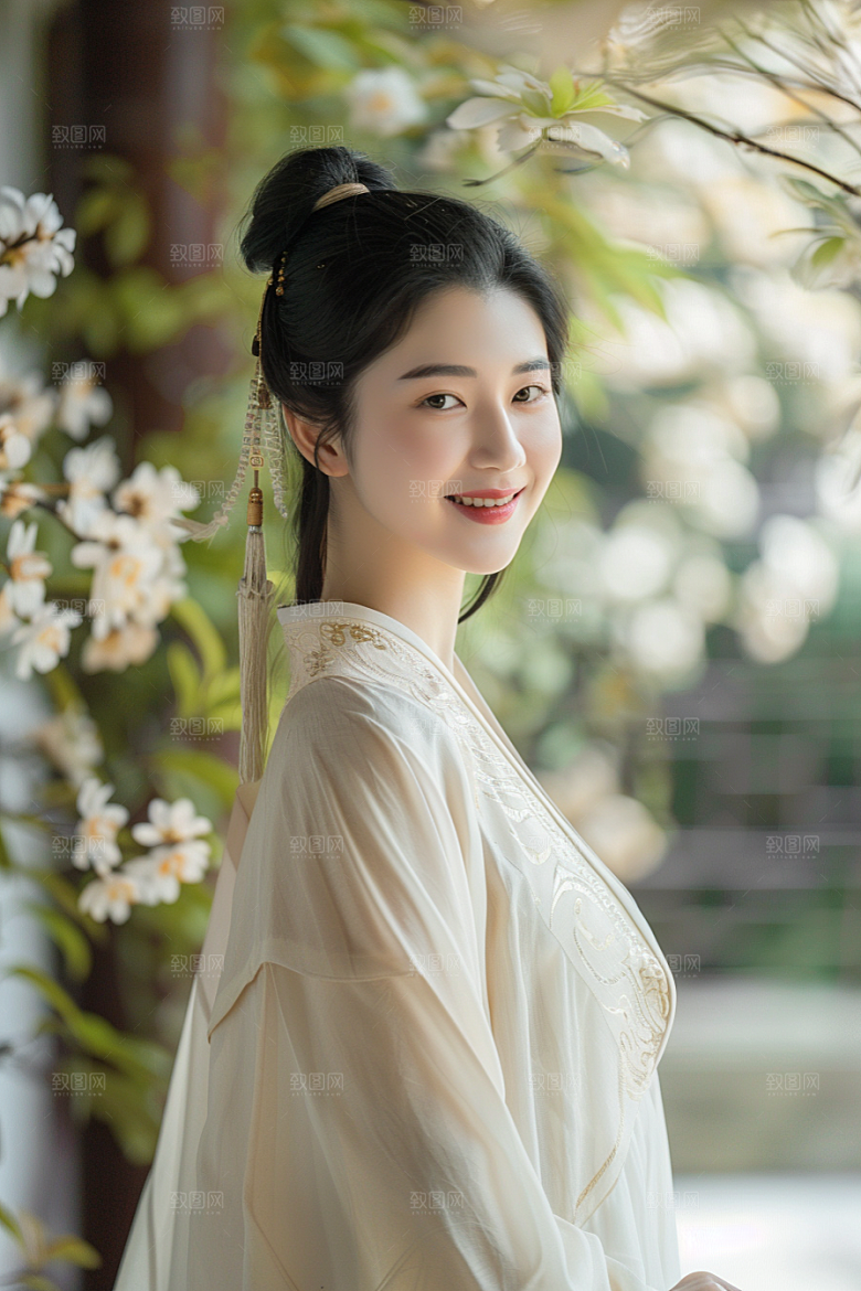 花卉汉服人物唯美园林摄影图
