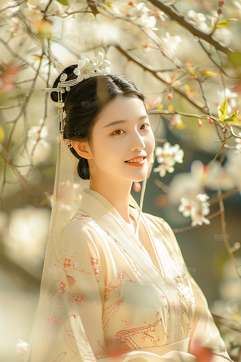 花卉汉服人物人像美景摄影图