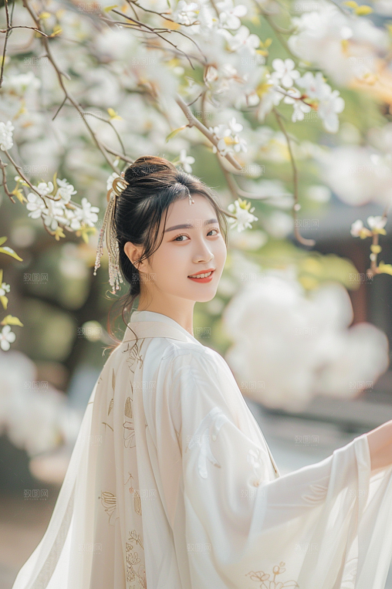 花卉汉服人物园林古风摄影图
