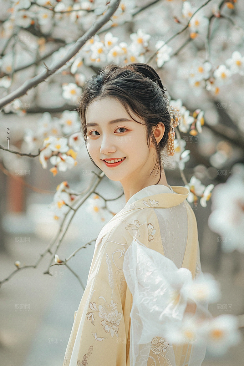 花卉汉服人物花丛美景摄影图